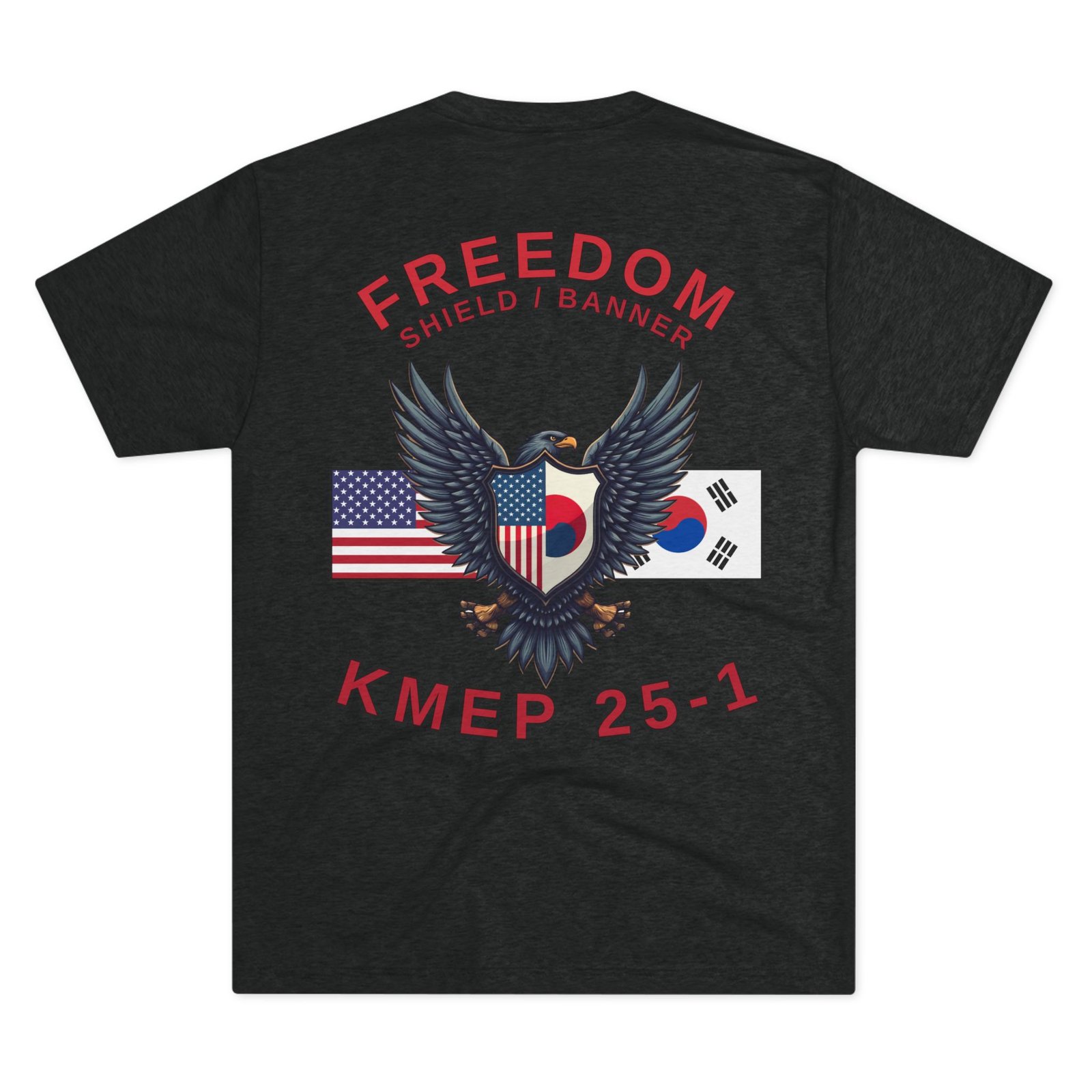 Freedom Shield - Freedom Banner - KMEP, Tri-Blend Unisex Military T-Shirt, Commemorative, Backside-Logo - Image 2